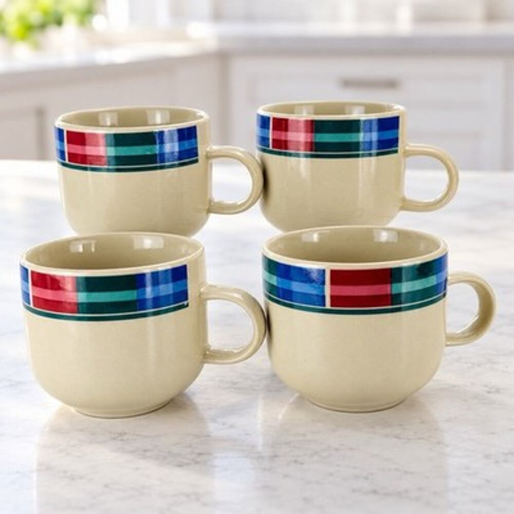 Tienshan Stoneware Mugs Set of 4 Beige Red Blue Green Plaid Coffee Tea Cups